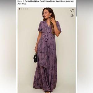 Purple Floral Wrap Front V-Neck Flutter Short Sleeve Maternity Maxi Dress